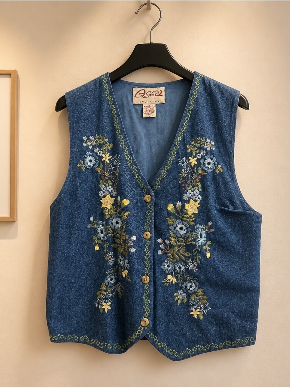 Vintage Embroidered Denim Blue Floral Button Vest